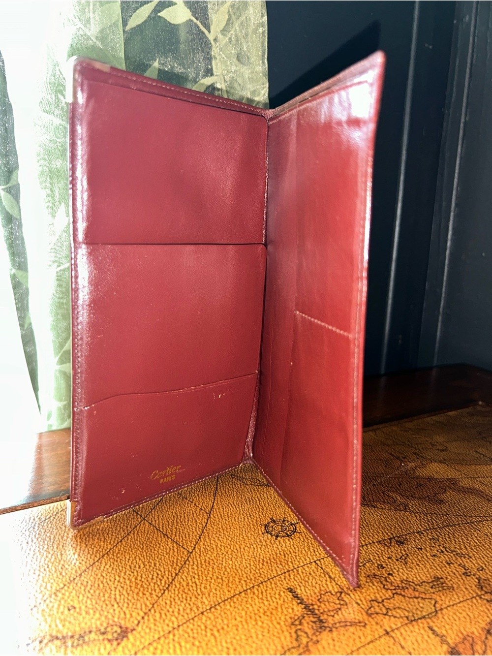Vintage Cartier Bordeaux Burgundy Leather Long Wallet with Gold Corners -EUC- - Picture 7 of 16